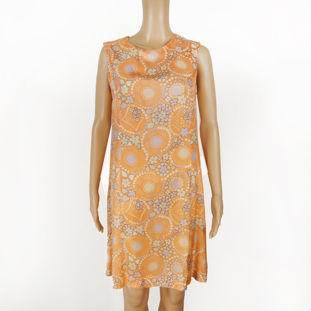 Vintage 60s Retro Mod Orange Satin Heart Floral Mod Pattern Shift Midi Dress